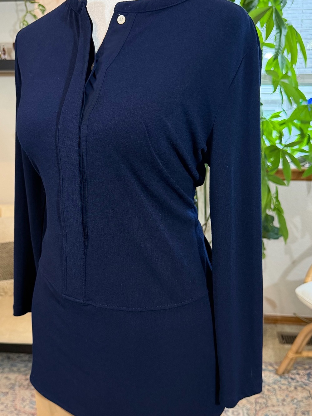 Lauren Ralph Lauren Navy Tunic Top PM Petite Medium Split Neck Long Sleeve Fall - Picture 6 of 12